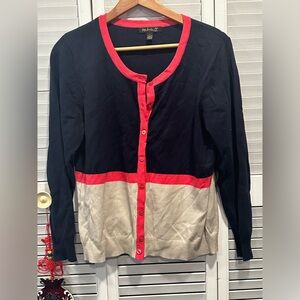 Blue pink ivory colorblock long sleeve button up cotton blend cardigan, size L